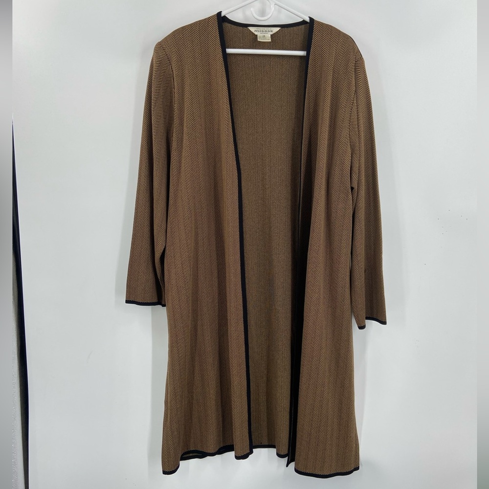 Exclusively Misook Women’s Open Front Long Cardigan Herringbone Brown Black‎